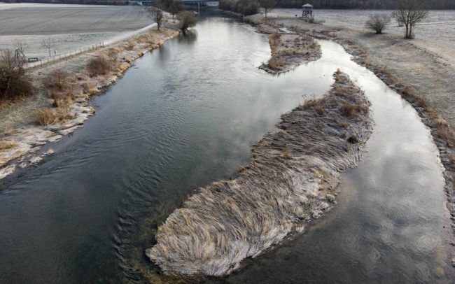 The DE128 island and its companions in Germany, between Laiz and Siegmaringen. The previously monotonous bed of the Danube was restored here in the summer of 2011, widened and enriched with islands, thereby giving the previously monotonous section a more natural appearance.